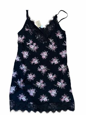 American Eagle Outfitters Black Slip Dress with Pink Rose Print